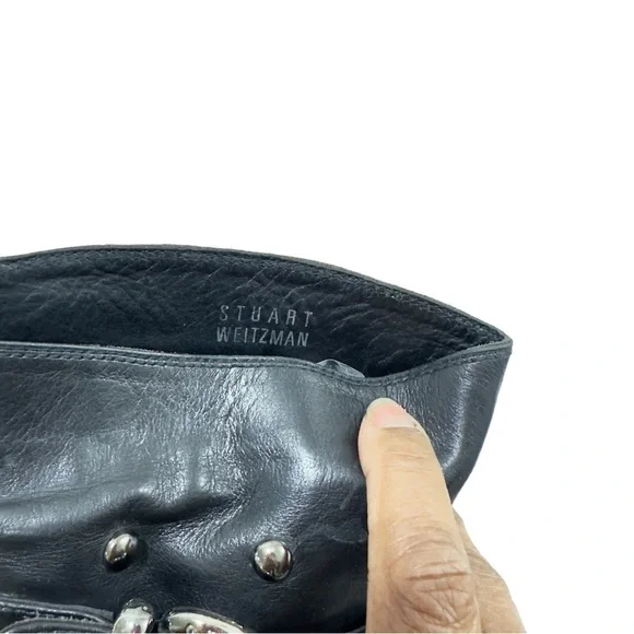 Stuart Weitzman Black Moto Biker Studded Calf Leather Boots size 6 - Picture 6 of 8